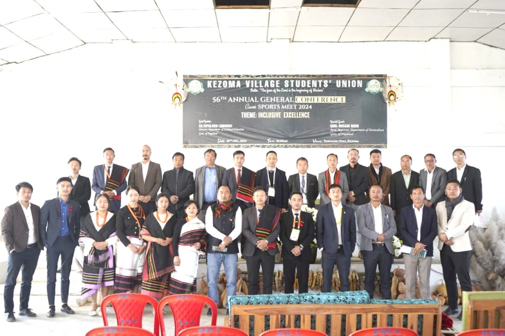 Er Vipulhou Lhoungu along with others during the 56th Annual General Conference of Kezoma Village Students’ Union on December 28. (Morung Photo)